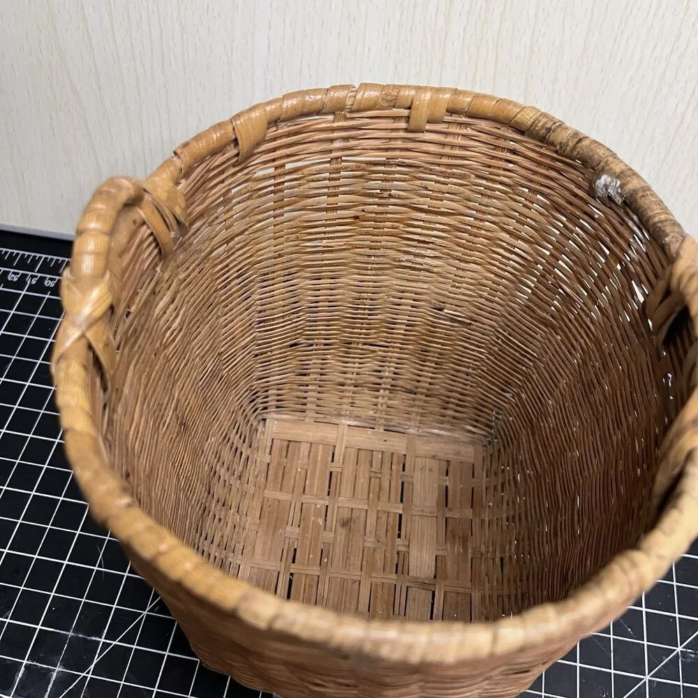 Vintage Handmade Wicker Rattan Basket Planter Brown W Tortoise Bamboo Reeds Boho